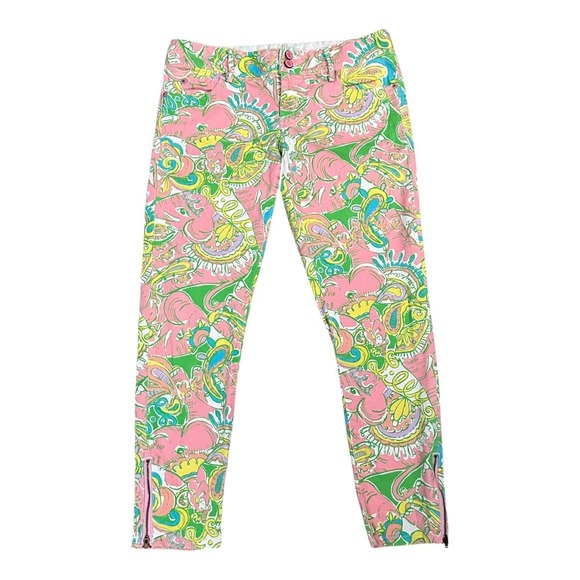 Lilly Pulitzer Worth Skinny Mini Zip Jeans Chin Chin Paisley Elephant Print sz 8 - Picture 1 of 8